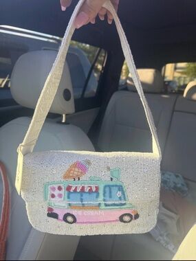 Beaded Ice Cream Truck Shoulder Bag - Cream, Pink, Turquoise